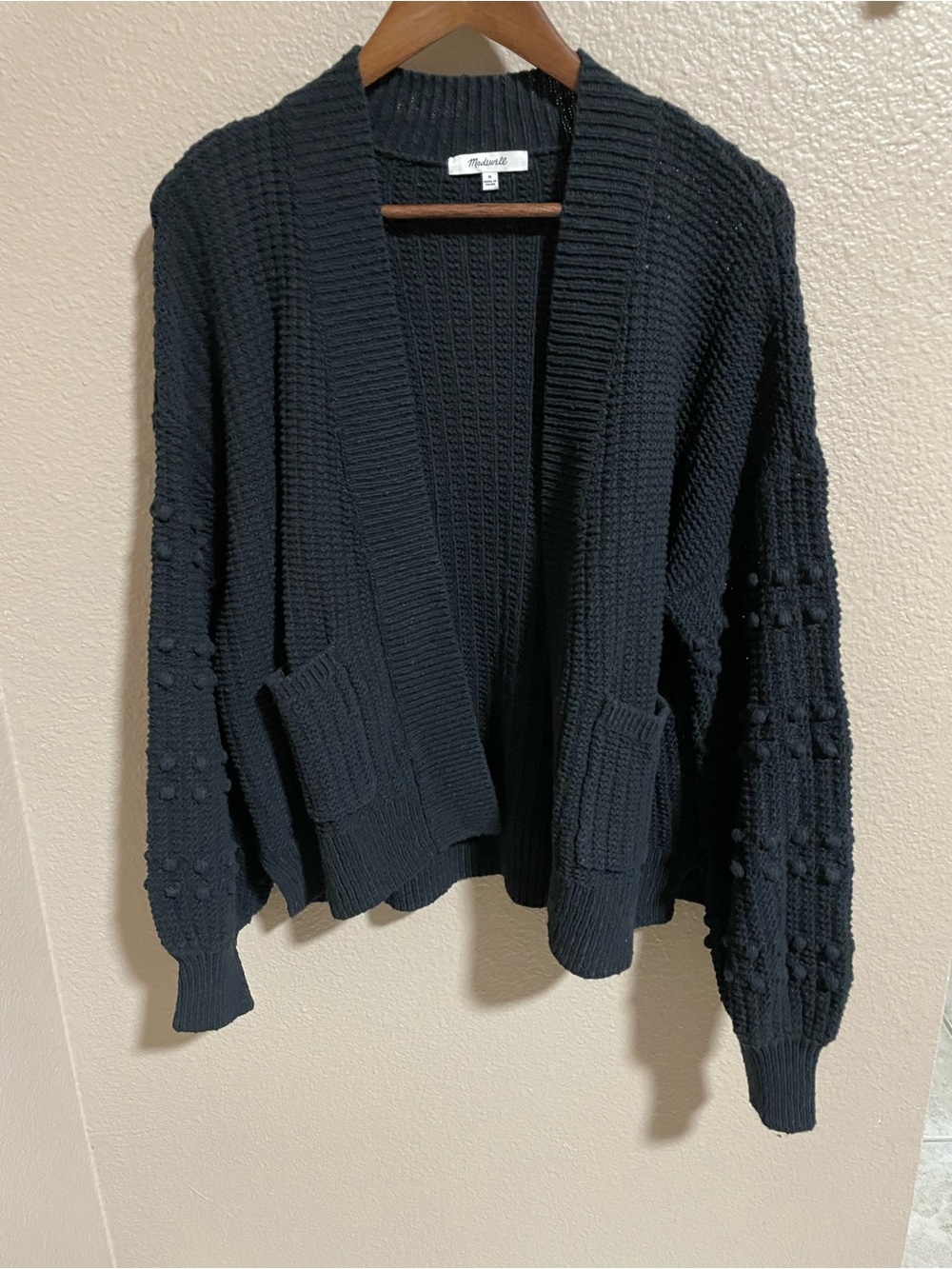 Madewell Black Open-Front Pom-Pom Sleeve Knit Cardigan